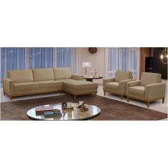 Imagem de Kit Sofá 3 Lugares 2,10m com Chaise e 2 Poltronas Living Lavinia Linho Bege Adonai Estofados