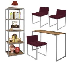 Imagem de Kit Escritório Ravi 3 Cadeiras Suede Bordô com 1 Mesa e 1 Livreiro Ferro Cinza MDF Caramelo - Ahazzo Móveis