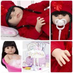 Imagem de Boneca Reborn Realista Morena Vestido Vermelho Enxoval Bolsa - Cegonha