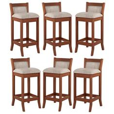 Imagem de Kit 6 Banquetas Média Estofada Lucca 36x83Cm Bancada Bar Balcão Madeira Maciça Linho Bege M58 - RMI