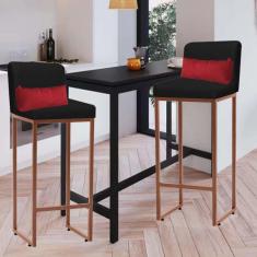 Imagem de Kit 02 Banqueta Alta com Encosto Lucca Industrial Cozinha Balcão Ferro Bronze Sintético Preto e Almofada Vermelho - Ahazzo Móveis