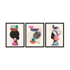Imagem de KIT Quadro Decorativo Moldura Mulher Africana Folha 3 peças