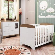 Imagem de Quarto de Bebê Cômoda com Janela Retangulo e Berço Americano 100% MDF Ayla Branco Brilho/Carvalho