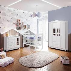 Imagem de Quarto de Bebê Ariel Berço 3 em 1 Lila Guarda Roupa 4 Portas Cômoda Infantil 4 Gavetas com Porta Branco Carolina Baby