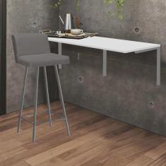 Imagem de Kit Mesa Suspensa de Parede Fixa mdf Branco + 1 Banqueta Lexi Ferro Prata Sintético Cinza - Ahazzo Móveis