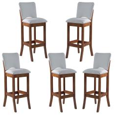 Imagem de Kit 5 Banquetas Alta Estofada Bianca 38x108Cm Madeira Linho Bege Cru L71