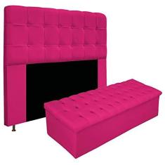 Imagem de Kit Cabeceira e Calçadeira Baú Estofada Mel 195 cm King Size Com Capitonê Suede Pink - Doce Sonho Móveis