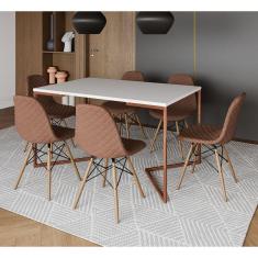 Imagem de Mesa Industrial Retangular Branca Base V Cobre 137x90cm com 6 Cadeiras Madeira Estofadas Caramelo