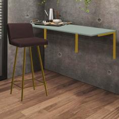 Imagem de Kit Mesa Suspensa de Parede Fixa MDF Verde Oliva + 1 Banqueta Lexi Ferro Dourado Corino Marrom - Ahazzo Móveis