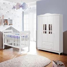 Imagem de Quarto de Bebê Ariel Berço 3 em 1 Lila Guarda Roupa 4 Portas Infantil Branco Carolina Baby