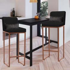 Imagem de Kit 02 Banqueta Alta com Encosto Lucca Industrial Cozinha Balcão Ferro Bronze Sintético Preto e Almofada Cinza - Ahazzo Móveis