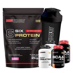 Imagem de Kit Six Protein 2kg + 2x BCAA 4,5 100g + 2x Power Creatine 100g + Coqueteleira – Bodybuilders Sabor Morango