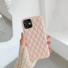 Imagem de Luxo pára-choques proteção treliça capa de telefone de couro duro para iphone 13 12 pro max 7 8 plus x xs xr 11 se 2022 capa de lente de metal, rosa, para iphone 12