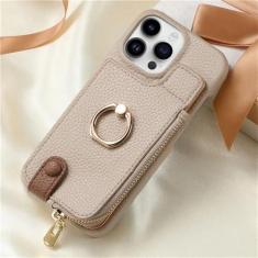 Imagem de Carteira de couro com zíper com porta-cartão capa de telefone para iPhone 13 12 Mini 15 14 11 Pro Max XS XR X 7 8 Plus Capa com suporte de anel, cáqui, para iPhone 14 Plus