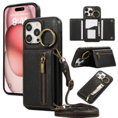 Imagem de Porta-cartões de anel crossbody com zíper capa de telefone tipo carteira para iPhone 15 Pro Max 14 Plus 13 12 11 XS XR 7 8 SE 2020 2022 Capa de couro, preta, para iPhone 12 Pro Max