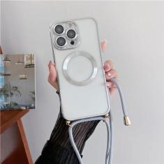 Imagem de Chapeamento claro magnético sem fio casos de carregamento para iphone 15 14 11 12 13 pro max crossbody cordão colar capa, prata, para iphone 14 plus