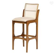 Imagem de Banqueta Alta para Cozinha Lisboa Encosto Rattan Madeira Imbuia Linho 