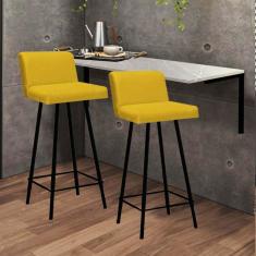 Imagem de Kit Mesa Suspensa de Parede Fixa MDF Marmorizado + 2 Banquetas Lexi Ferro Preto Corino Amarelo - Ahazzo Móveis