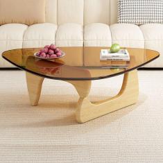 Imagem de Mesa de centro de vidro triangular, mesa final de vidro preto vintage, mesa final moderna com base de madeira maciça para sala de estar, pátio, escritório, pernas de tronco + a, 114 × 82 × 4