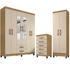 Imagem de Kit Guarda Roupa Casal Porto Belo 6 Portas 2 Gavetas Com Espelho, Cômoda 5 Gavetas Porto Belo e Multiuso Cairo Carvalho Off White Clique Chique