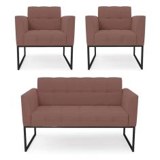 Imagem de Kit 1 Sofá Namoradeira E 2 Poltronas Elisa Veludo Base Metálica Industrial Preto - D`rossi Cor Rose