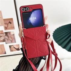 Imagem de Capa de telefone de couro com cordão crossbody para Samsung Galaxy Z Flip 5 4 3 Flip5 Flip4 Flip3 Carteira com suporte para cartão Capa à prova de choque, vermelha, para Galaxy Z Flip5