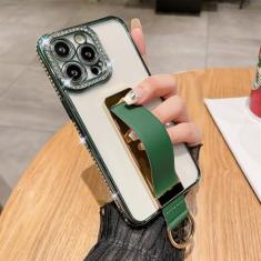 Imagem de Alça de pulso anel de dedo suporte invisível capa de telefone para iPhone 14 15 ProMax 12 13 Pro Max 11 Plus capa luxuosa revestida de diamante, verde, para iphone 14