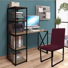 Imagem de Kit Escritório Mesa Max BeX 5 Prateleiras e Cadeira Stan Preto Tampo Castanho Suede Bordô - Ahz Móveis