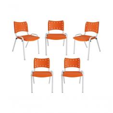 Imagem de Kit 5 Cadeiras Iso Para Escola Escritório Comércio Laranja Base Branca