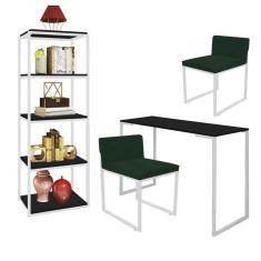 Imagem de Kit Escritório Ravi 2 Cadeiras Suede Verde com 1 Mesa e 1 Livreiro Ferro Branco MDF Preto - Ahazzo Móveis