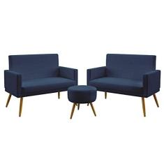 Imagem de Kit 2 Poltronas Namoradeiras Decorativas Nina Com Rodapé Puff Solar Suede  Marinho Aradecor