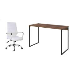 Imagem de conjunto de mesa studio nogal 120 cm com cadeira de escritório diretor giratória cleaner branca