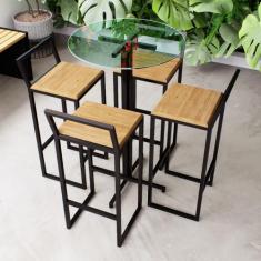 Imagem de Conjunto Mesa Alta Bar Bistrô Redonda Vidro 4 Banquetas Confort Pinus 