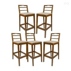 Imagem de Kit 5 Banquetas Alta para Bancada em Madeira Estofada Grécia Amêndoa Linho Bege CCS