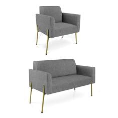 Imagem de Sofá Namoradeira E Poltrona Pé De Ferro Dourado Marisa Linho Grafite D03