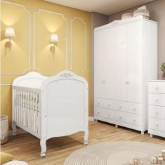 Imagem de Quarto de Bebê com Berço Mini Cama e Guarda Roupa 4 Portas Maya Clássico Espresso Móveis Branco Brilho