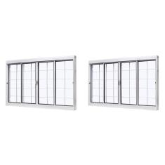 Imagem de Kit com 2 Janelas de Aço de Correr Central 100x120cm 4 Folhas com Grade Quadriculada e Vidro Liso Branco