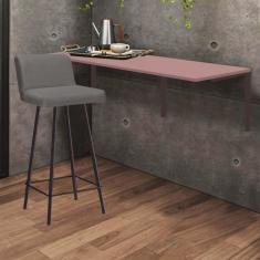 Imagem de Kit Mesa Suspensa de Parede Fixa MDF Rosa + 1 Banqueta Lexi Ferro Marrom Suede Cinza - Ahazzo Móveis