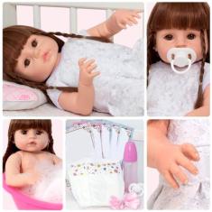 Imagem de Boneca Reborn Realista Menina Linda Cabelo Castanho 13 Itens