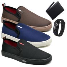 Imagem de Kit 3 Pares Tênis Slip On Masculino Lona + Carteira + Relógio - Polo B