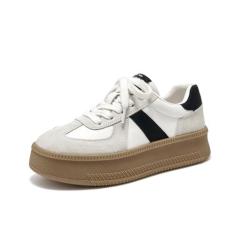 Imagem de BEAU TODAY Tênis feminino moderno de plataforma, tênis retrô clássico, sapatos de skate casuais de couro, tênis confortável para corrida e caminhada, Bege-preto, 36
