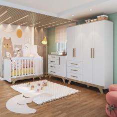 Imagem de Quarto de Bebê Completo com Guarda Roupa, Cômoda e Berço 100% MDF Jolie Retrô Espresso Móveis Branco Brilho/Carvalho Espresso Móveis