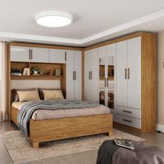 Imagem de Guarda-Roupa Casal Modulado com Cama Hércules 11 Portas 6 Gavetas com Espelho Cinamomo/Off White - Carioca Móveis