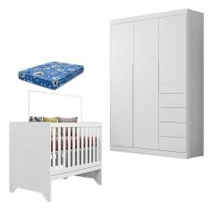 Imagem de Berço Americano Retro Maya E Guarda Roupa Infantil Eloá Branco Acetinado Com Colchão Ortobom