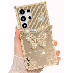 Imagem de TRODINO Capa para Samsung Galaxy S23 Ultra fofa, design luxuoso de borboleta brilhante com suporte dobrável para mulheres e meninas, capa protetora à prova de choque espelhada brilhante de 6,8