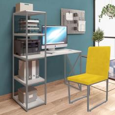 Imagem de Kit Escritório Mesa Max BeX 5 Prateleiras e Cadeira Stan Cinza Tampo Branco Corino Amarelo - Ahz Móveis