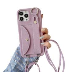 Imagem de Capa de telefone crossbody com alça de pulso para iPhone 13 12 Mini 15 14 11 Pro XS Max XR 7 8 Plus Porta-cartões Capa de couro com cordão, roxa, para iPhone 14 Pro