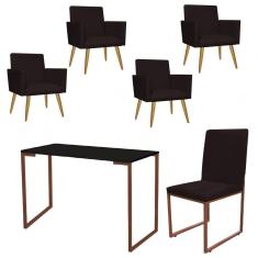 Imagem de Kit Escritório Stan 4 Poltronas com Cadeira e Mesa Industrial Tampo Preto Bronze Suede Marrom - Ahz Móveis