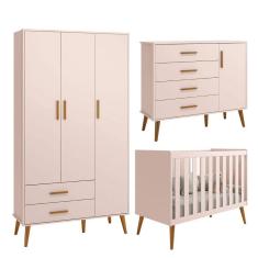 Imagem de Quarto Isis Berço Americano 2 em 1 + Comoda Sapateira + Guarda Roupa Isis Retrô 3 Portas 2 Gavetas Rosa Fosco - Reller