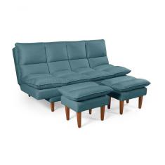 Imagem de Sofá Cama Andorra 3 Lugares Império Reclinável Pés Madeira Com Banqueta Suede Azul Turquesa 362